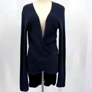Nu construction Navy blue knit size sweater top small high low Faux wrap